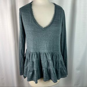 Anthropologie Deletta Thea Green V Neck Ruffle Long Sleeve  Tee M